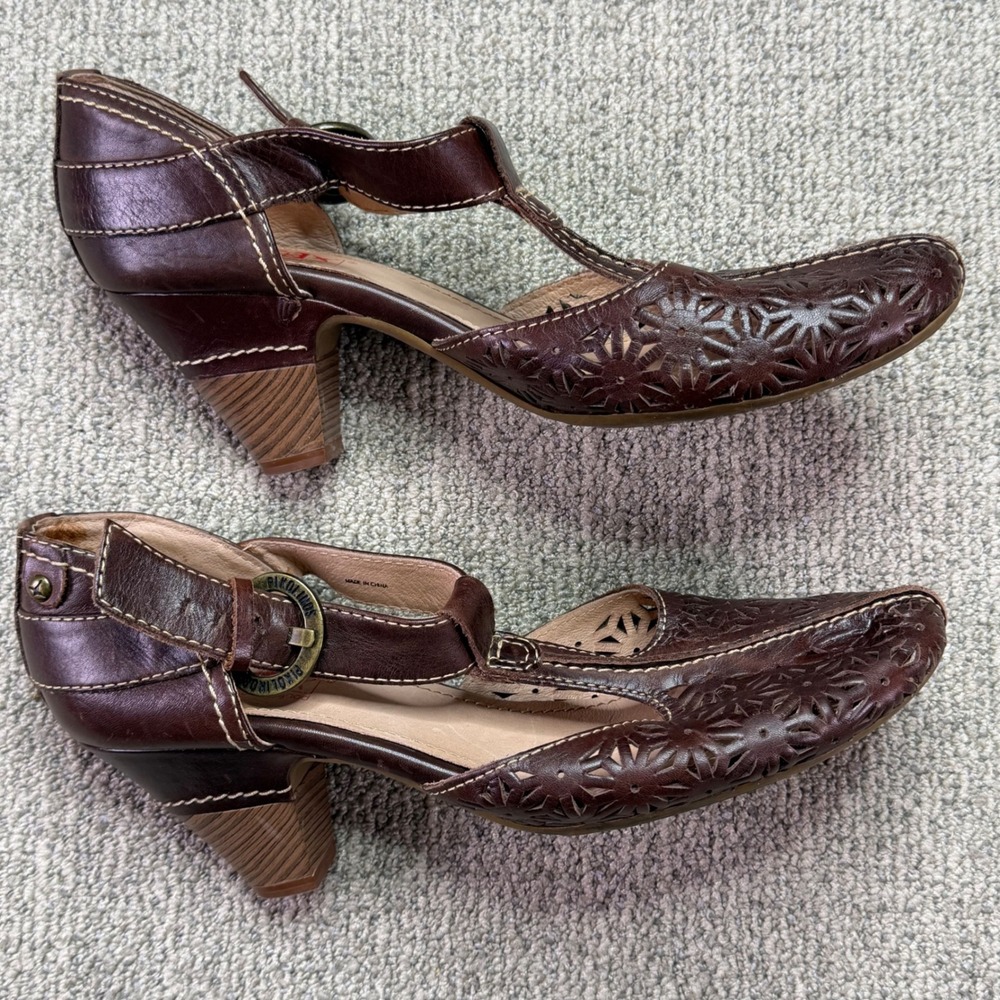Pikolinos Brown Leather Laser Cut T Strap Heeled Sandals Womens EU 39 US 8.5